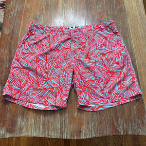 CAPELLE Red Blue Leaf Print Swim Trunks XL/ 38 Waist Compression Liner Mens